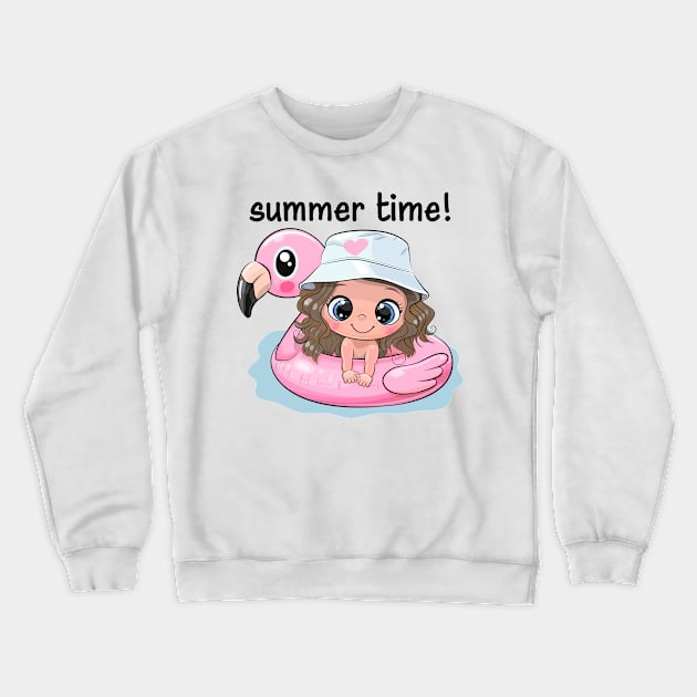 Cute girl in a pink swimming circle. Crewneck Sweatshirt by Reginast777